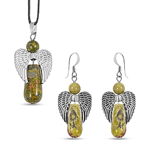 Angel Unakite 19.35 ctw Pendant Necklace 24 Inches and Earrings in Silvertone