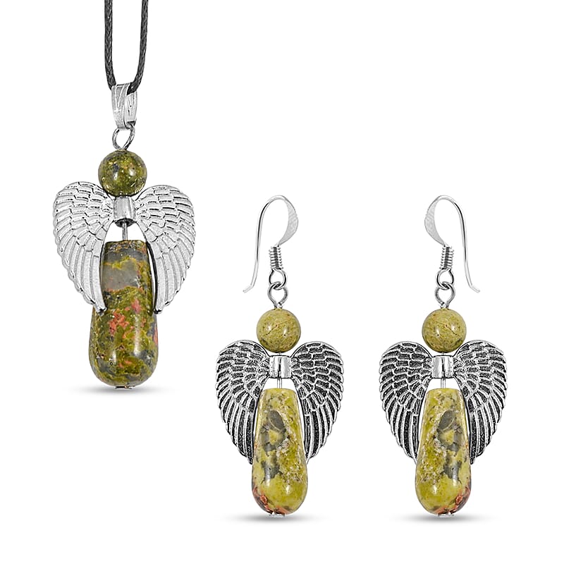 Angel Unakite 19.35 ctw Pendant Necklace 24 Inches and Earrings in Silvertone