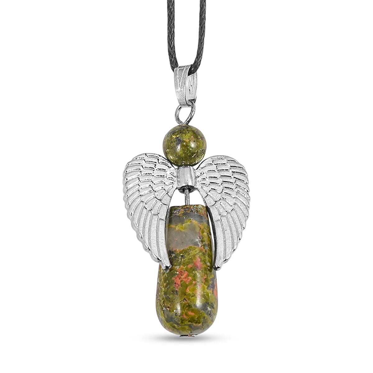 Angel Unakite 19.35 ctw Pendant Necklace 24 Inches and Earrings in Silvertone image number 3