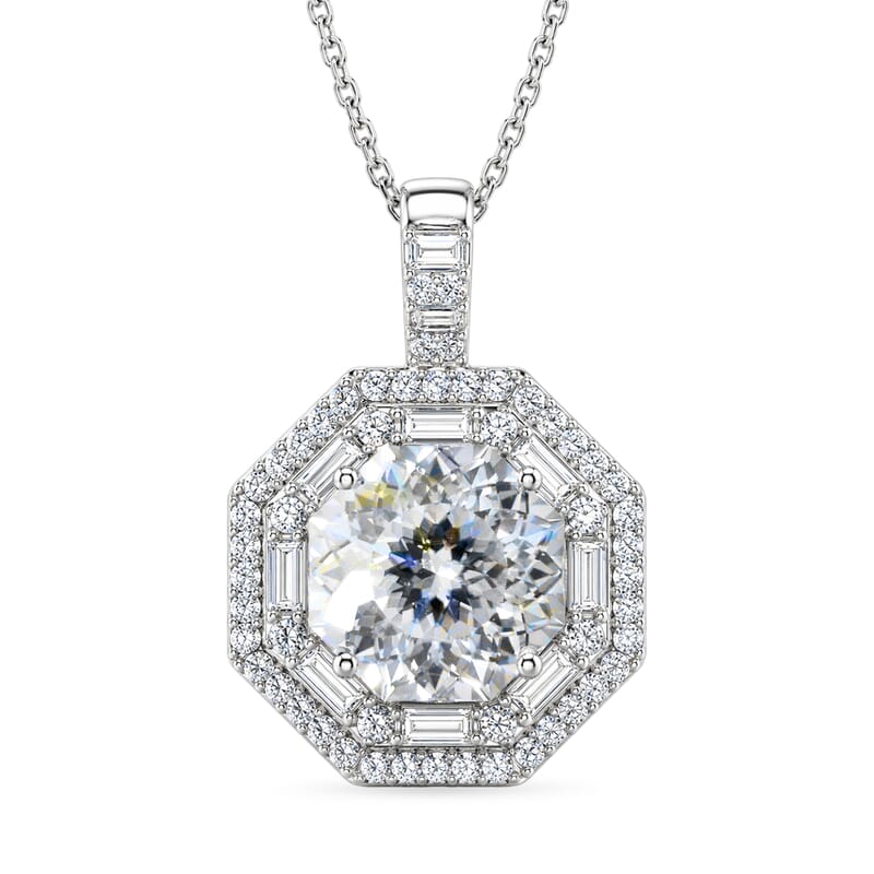 D'Joy 161 Facets Moissanite 5.25 ctw Vintage European Engagement Pendant Necklace in Rhodium Over Sterling Silver 18 Inches