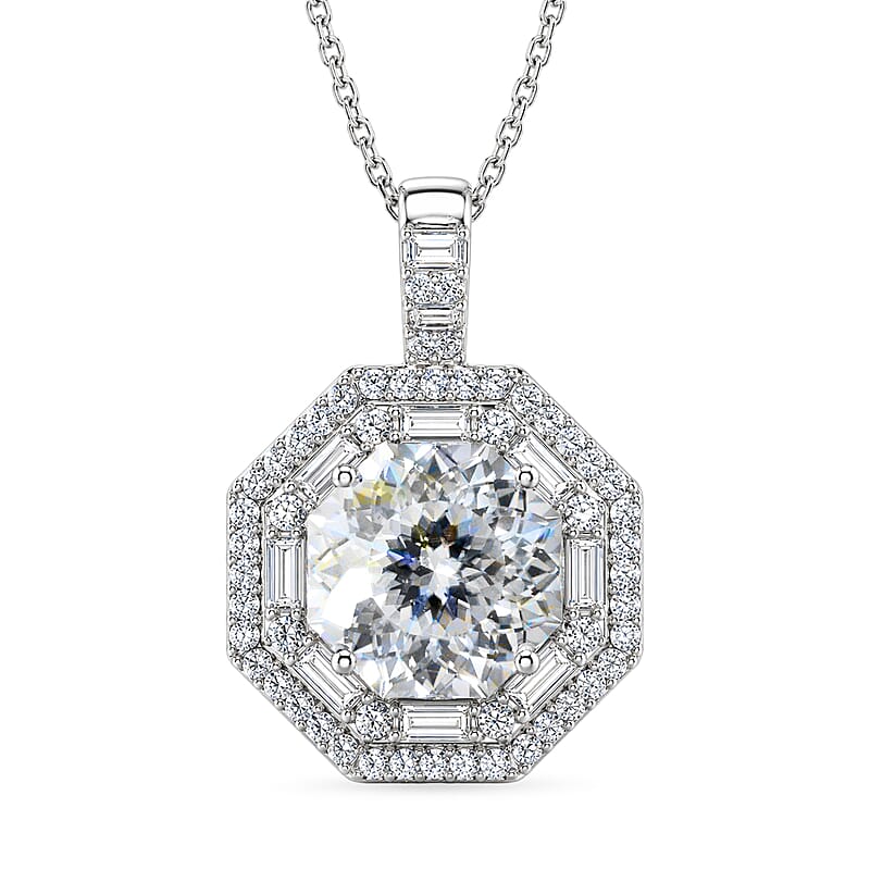 D'Joy 161 Facets Moissanite 5.25 ctw Vintage European Engagement Pendant Necklace in Rhodium Over Sterling Silver 18 Inches