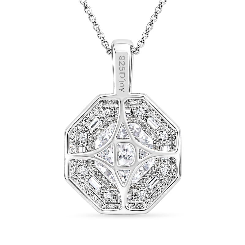 D'Joy 161 Facets Moissanite 5.25 ctw Vintage European Engagement Pendant Necklace in Rhodium Over Sterling Silver 18 Inches