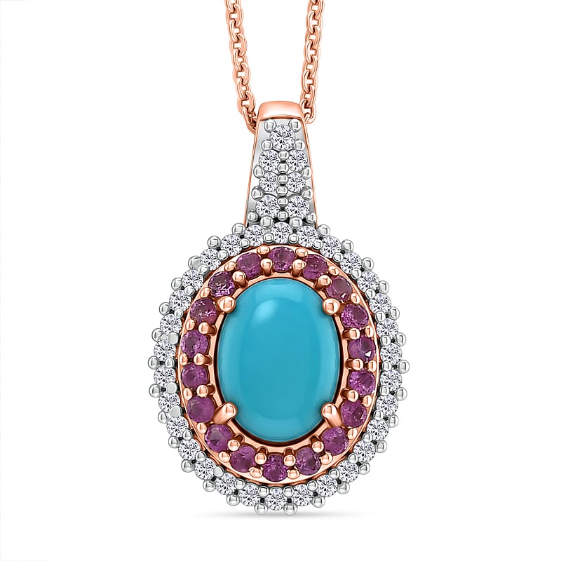 D'Joy Premium Sleeping Beauty Turquoise and Multi Gemstone 1.65 ctw Royal Halo Pendant Necklace in 18K Vermeil Rose Gold Over Sterling Silver 20 inches