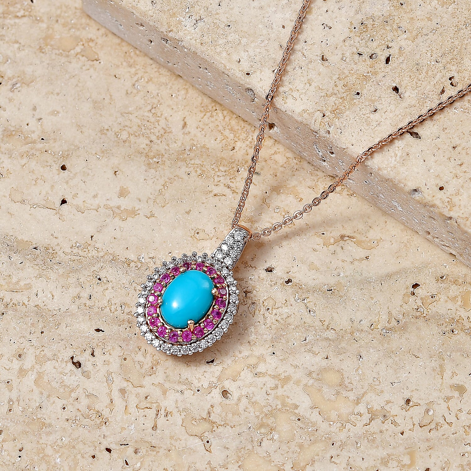 D'Joy Premium Sleeping Beauty Turquoise and Multi Gemstone 1.65 ctw Royal Halo Pendant Necklace in 18K Vermeil Rose Gold Over Sterling Silver 20 inches