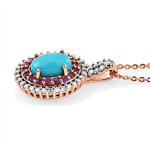 D'Joy Premium Sleeping Beauty Turquoise and Multi Gemstone 1.65 ctw Royal Halo Pendant Necklace in 18K Vermeil Rose Gold Over Sterling Silver 20 inches
