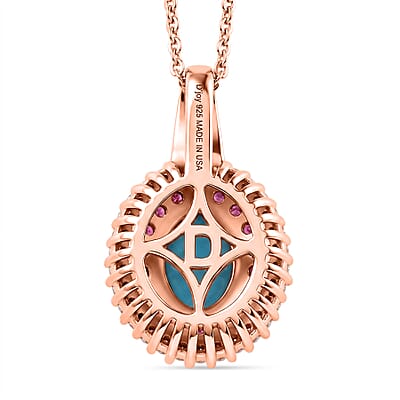 D'Joy Premium Sleeping Beauty Turquoise and Multi Gemstone 1.65 ctw Royal Halo Pendant Necklace in 18K Vermeil Rose Gold Over Sterling Silver 20 inches
