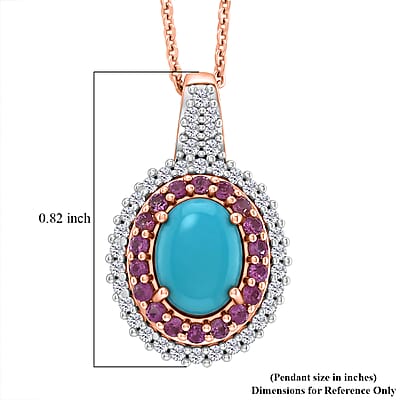 D'Joy Premium Sleeping Beauty Turquoise and Multi Gemstone 1.65 ctw Royal Halo Pendant Necklace in 18K Vermeil Rose Gold Over Sterling Silver 20 inches