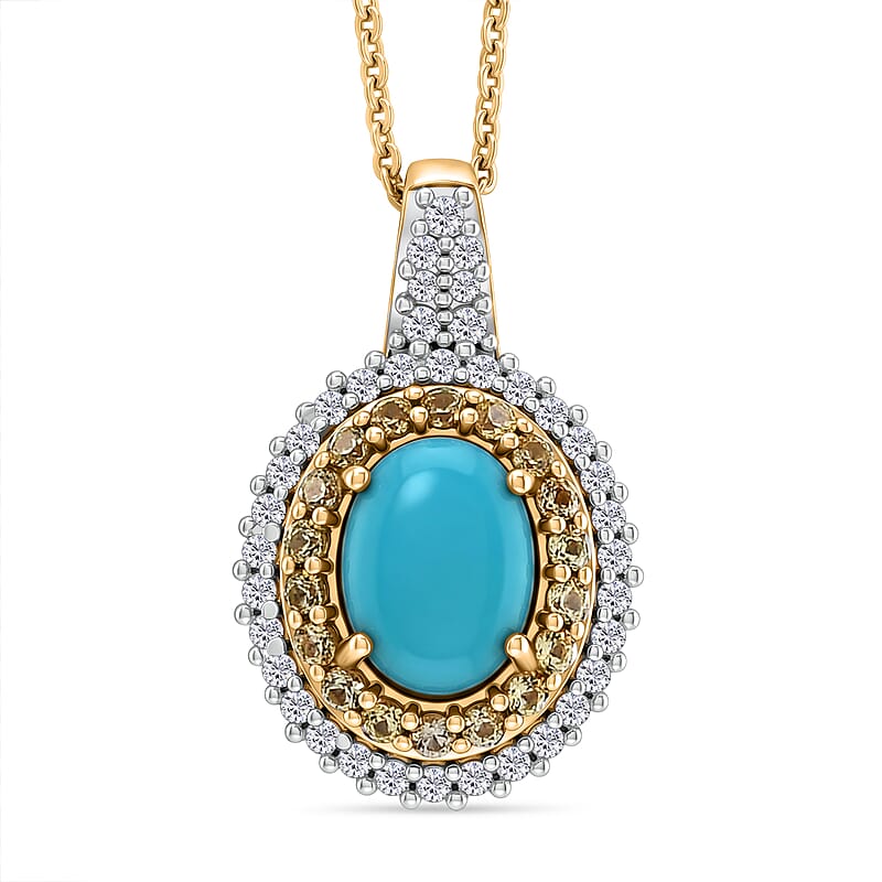 D'Joy Premium Sleeping Beauty Turquoise and Multi Gemstone 1.80 ctw Royal Halo Pendant Necklace in 18K Vermeil Yellow Gold Over Sterling Silver 20 inches