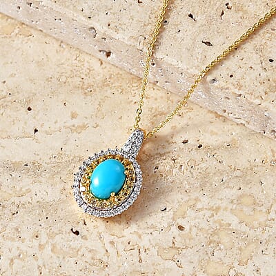 D'Joy Premium Sleeping Beauty Turquoise and Multi Gemstone 1.80 ctw Royal Halo Pendant Necklace in 18K Vermeil Yellow Gold Over Sterling Silver 20 inches
