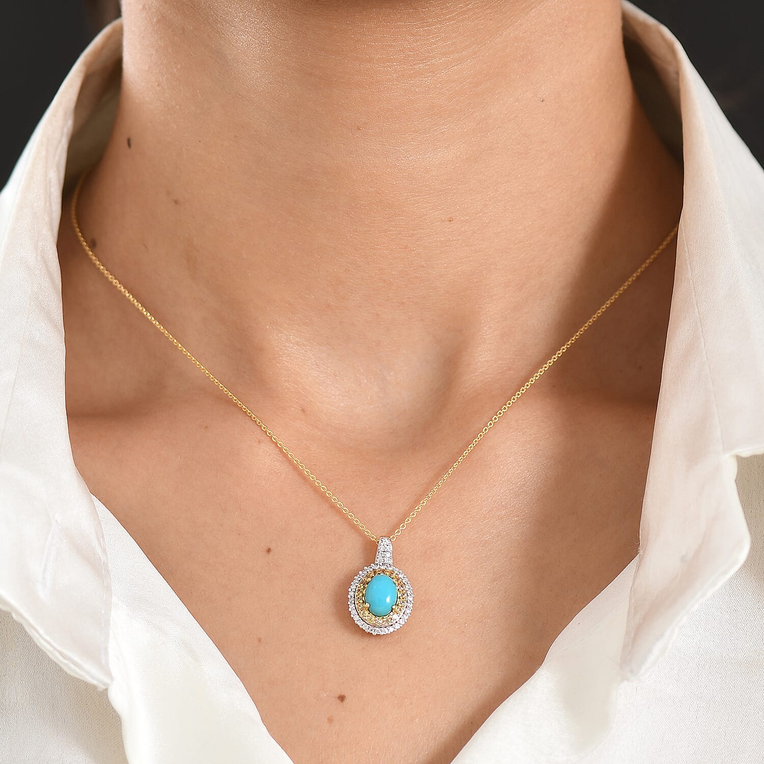 D'Joy Premium Sleeping Beauty Turquoise and Multi Gemstone 1.80 ctw Royal Halo Pendant Necklace in 18K Vermeil Yellow Gold Over Sterling Silver 20 inches
