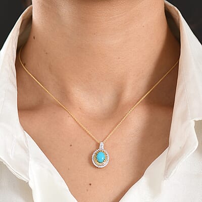 D'Joy Premium Sleeping Beauty Turquoise and Multi Gemstone 1.80 ctw Royal Halo Pendant Necklace in 18K Vermeil Yellow Gold Over Sterling Silver 20 inches