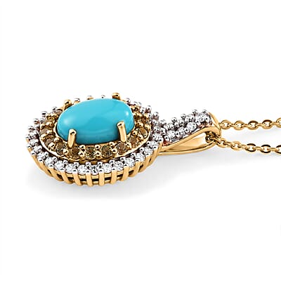 D'Joy Premium Sleeping Beauty Turquoise and Multi Gemstone 1.80 ctw Royal Halo Pendant Necklace in 18K Vermeil Yellow Gold Over Sterling Silver 20 inches