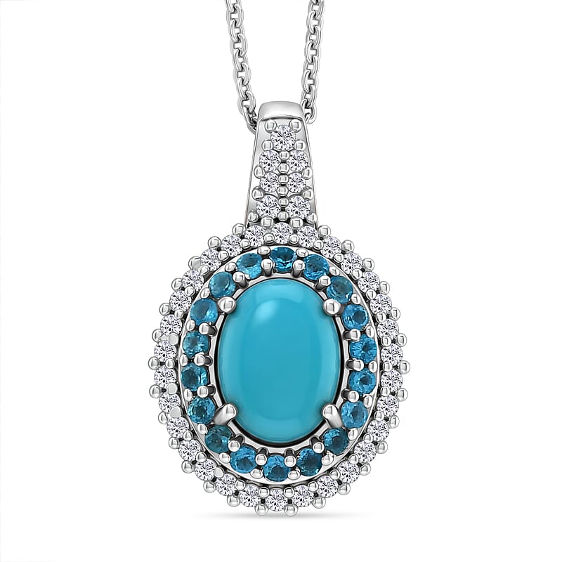 D'Joy Premium Sleeping Beauty Turquoise and Multi Gemstone 1.50 ctw Royal Halo Pendant Necklace in Rhodium Over Sterling Silver 20 inches