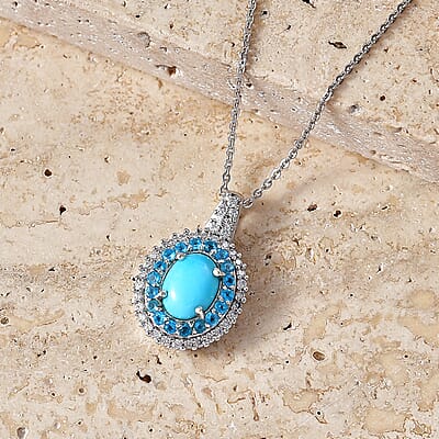 D'Joy Premium Sleeping Beauty Turquoise and Multi Gemstone 1.50 ctw Royal Halo Pendant Necklace in Rhodium Over Sterling Silver 20 inches
