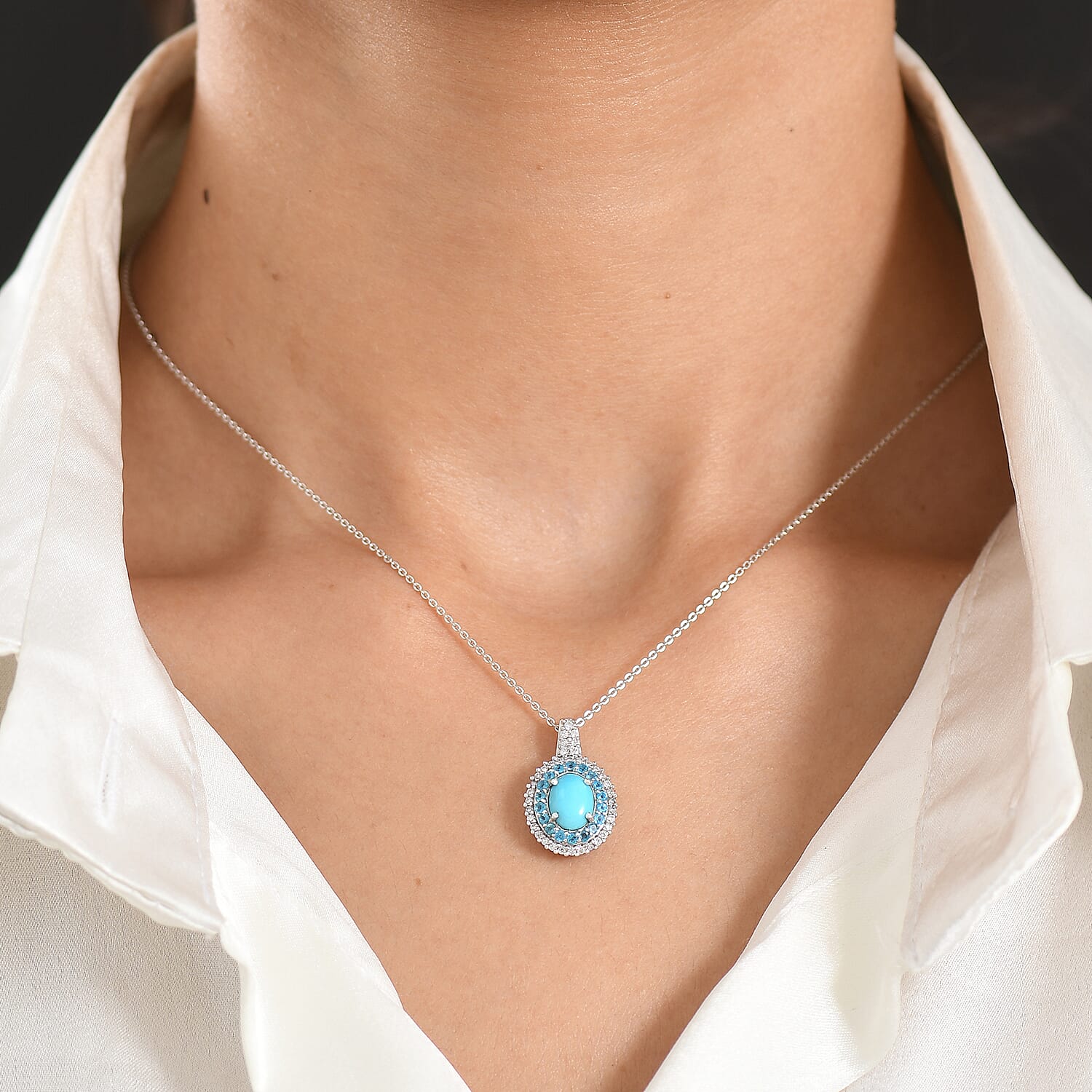 D'Joy Premium Sleeping Beauty Turquoise and Multi Gemstone 1.50 ctw Royal Halo Pendant Necklace in Rhodium Over Sterling Silver 20 inches