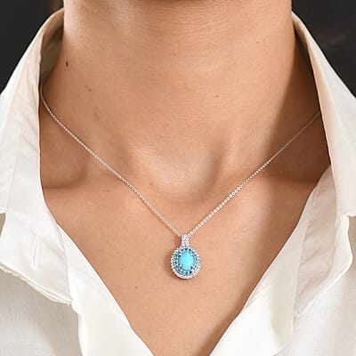 D'Joy Premium Sleeping Beauty Turquoise and Multi Gemstone 1.50 ctw Royal Halo Pendant Necklace in Rhodium Over Sterling Silver 20 inches