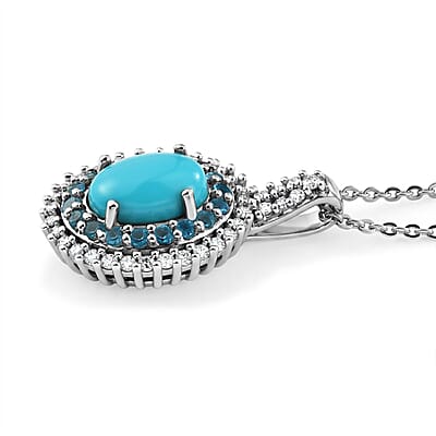 D'Joy Premium Sleeping Beauty Turquoise and Multi Gemstone 1.50 ctw Royal Halo Pendant Necklace in Rhodium Over Sterling Silver 20 inches