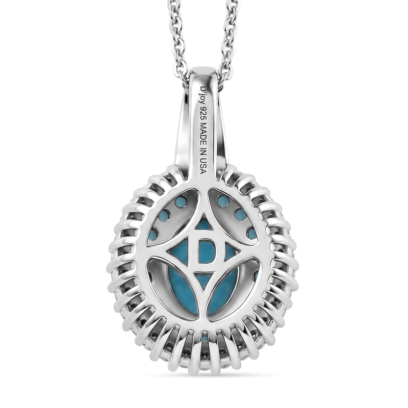 D'Joy Premium Sleeping Beauty Turquoise and Multi Gemstone 1.50 ctw Royal Halo Pendant Necklace in Rhodium Over Sterling Silver 20 inches