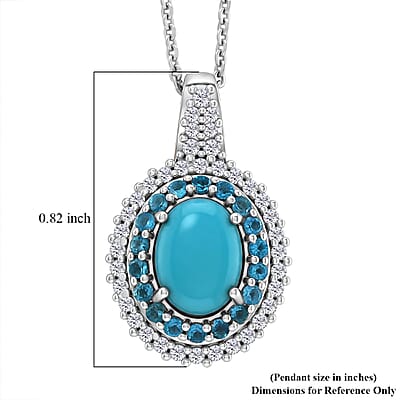 D'Joy Premium Sleeping Beauty Turquoise and Multi Gemstone 1.50 ctw Royal Halo Pendant Necklace in Rhodium Over Sterling Silver 20 inches