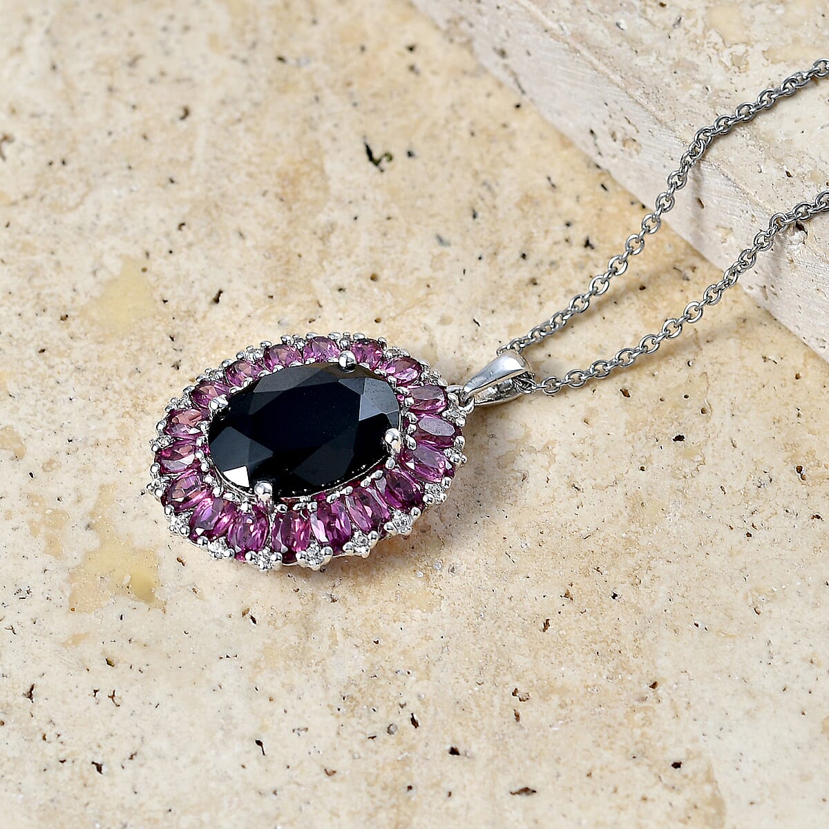 EverTrue Thai Black Spinel and Orissa Rose Garnet 16.65 ctw Eclipse Halo Pendant in Platinum Bond with Stainless Steel Necklace 20 Inches image number 1