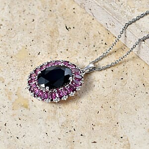 EverTrue Thai Black Spinel and Orissa Rose Garnet 16.65 ctw Eclipse Halo Pendant in Platinum Bond with Stainless Steel Necklace 20 Inches