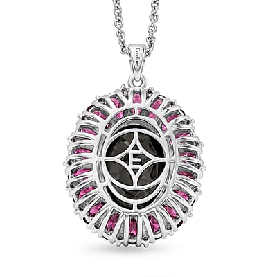 EverTrue Thai Black Spinel and Orissa Rose Garnet 16.65 ctw Eclipse Halo Pendant in Platinum Bond with Stainless Steel Necklace 20 Inches