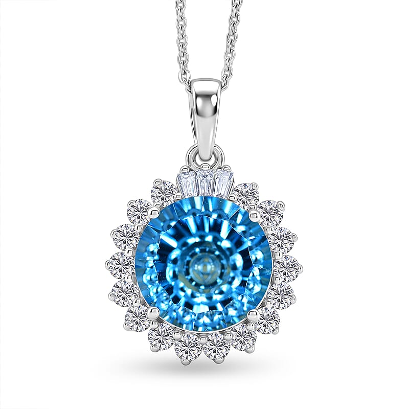 Certified & Appraised D'Joy Crazy Fire Cut Premium Swiss Blue Topaz and Moissanite 6.30 ctw Pendant Necklace in Rhodium Over Sterling Silver 20 Inches