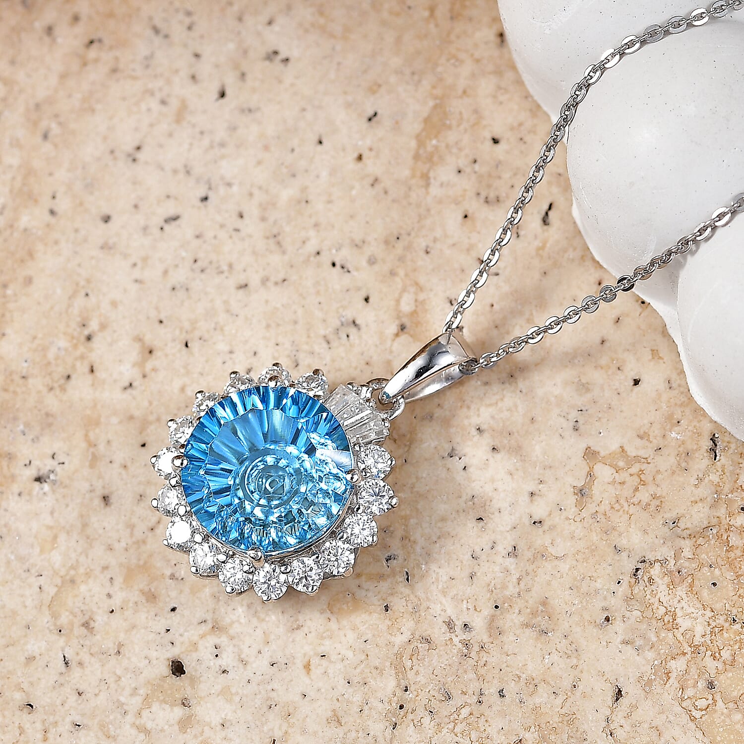 Certified & Appraised D'Joy Crazy Fire Cut Premium Swiss Blue Topaz and Moissanite 6.30 ctw Pendant Necklace in Rhodium Over Sterling Silver 20 Inches