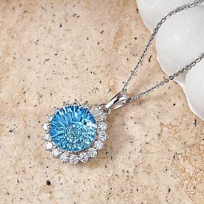Certified & Appraised D'Joy Crazy Fire Cut Premium Swiss Blue Topaz and Moissanite 6.30 ctw Pendant Necklace in Rhodium Over Sterling Silver 20 Inches
