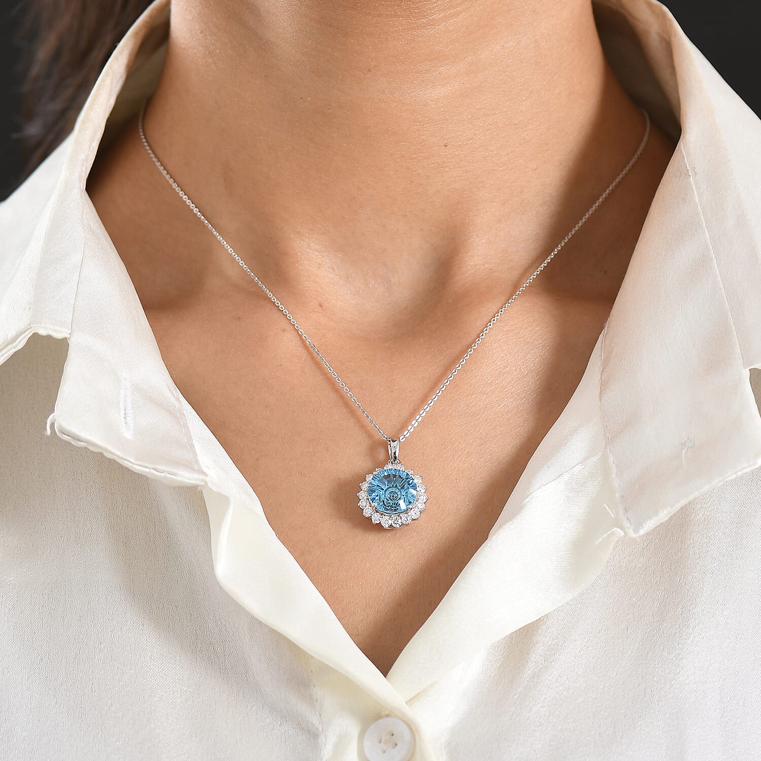 Certified & Appraised D'Joy Crazy Fire Cut Premium Swiss Blue Topaz and Moissanite 6.30 ctw Pendant Necklace in Rhodium Over Sterling Silver 20 Inches