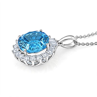 Certified & Appraised D'Joy Crazy Fire Cut Premium Swiss Blue Topaz and Moissanite 6.30 ctw Pendant Necklace in Rhodium Over Sterling Silver 20 Inches