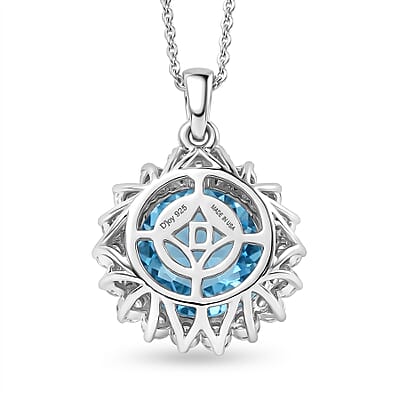 Certified & Appraised D'Joy Crazy Fire Cut Premium Swiss Blue Topaz and Moissanite 6.30 ctw Pendant Necklace in Rhodium Over Sterling Silver 20 Inches