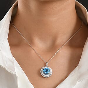Certified & Appraised D'Joy Pinwheel Cut Premium Swiss Blue Topaz and Moissanite 8.00 ctw Pendant Necklace in Rhodium Over Sterling Silver 20 Inches 