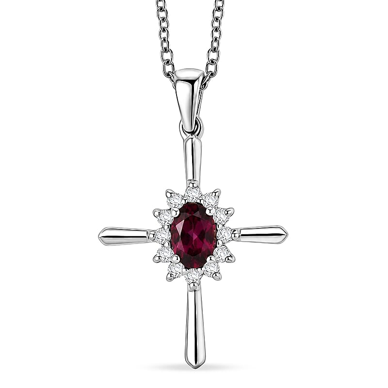 D'Joy Malawi Magenta Garnet and White Zircon 0.90 ctw Midnight Cross Pendant Necklace in Rhodium Over Sterling Silver (18 Inches)