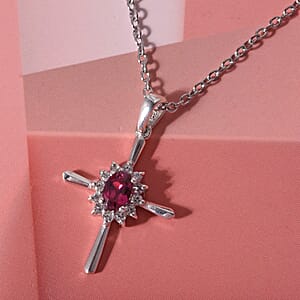 D'Joy Malawi Magenta Garnet and White Zircon 0.90 ctw Midnight Cross Pendant Necklace in Rhodium Over Sterling Silver (18 Inches)