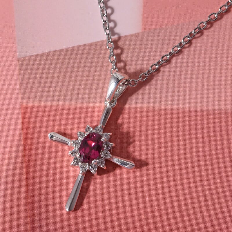 D'Joy Malawi Magenta Garnet and White Zircon 0.90 ctw Midnight Cross Pendant Necklace in Rhodium Over Sterling Silver (18 Inches)