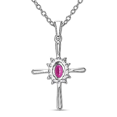 D'Joy Malawi Magenta Garnet and White Zircon 0.90 ctw Midnight Cross Pendant Necklace in Rhodium Over Sterling Silver (18 Inches)