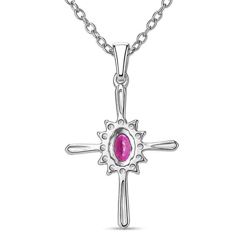 D'Joy Malawi Magenta Garnet and White Zircon 0.90 ctw Midnight Cross Pendant Necklace in Rhodium Over Sterling Silver (18 Inches)