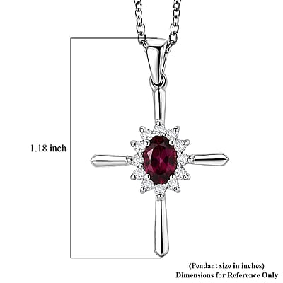 D'Joy Malawi Magenta Garnet and White Zircon 0.90 ctw Midnight Cross Pendant Necklace in Rhodium Over Sterling Silver (18 Inches)