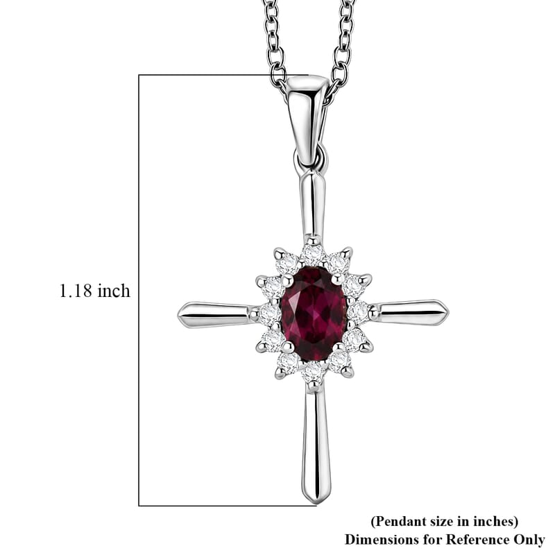 D'Joy Malawi Magenta Garnet and White Zircon 0.90 ctw Midnight Cross Pendant Necklace in Rhodium Over Sterling Silver (18 Inches)