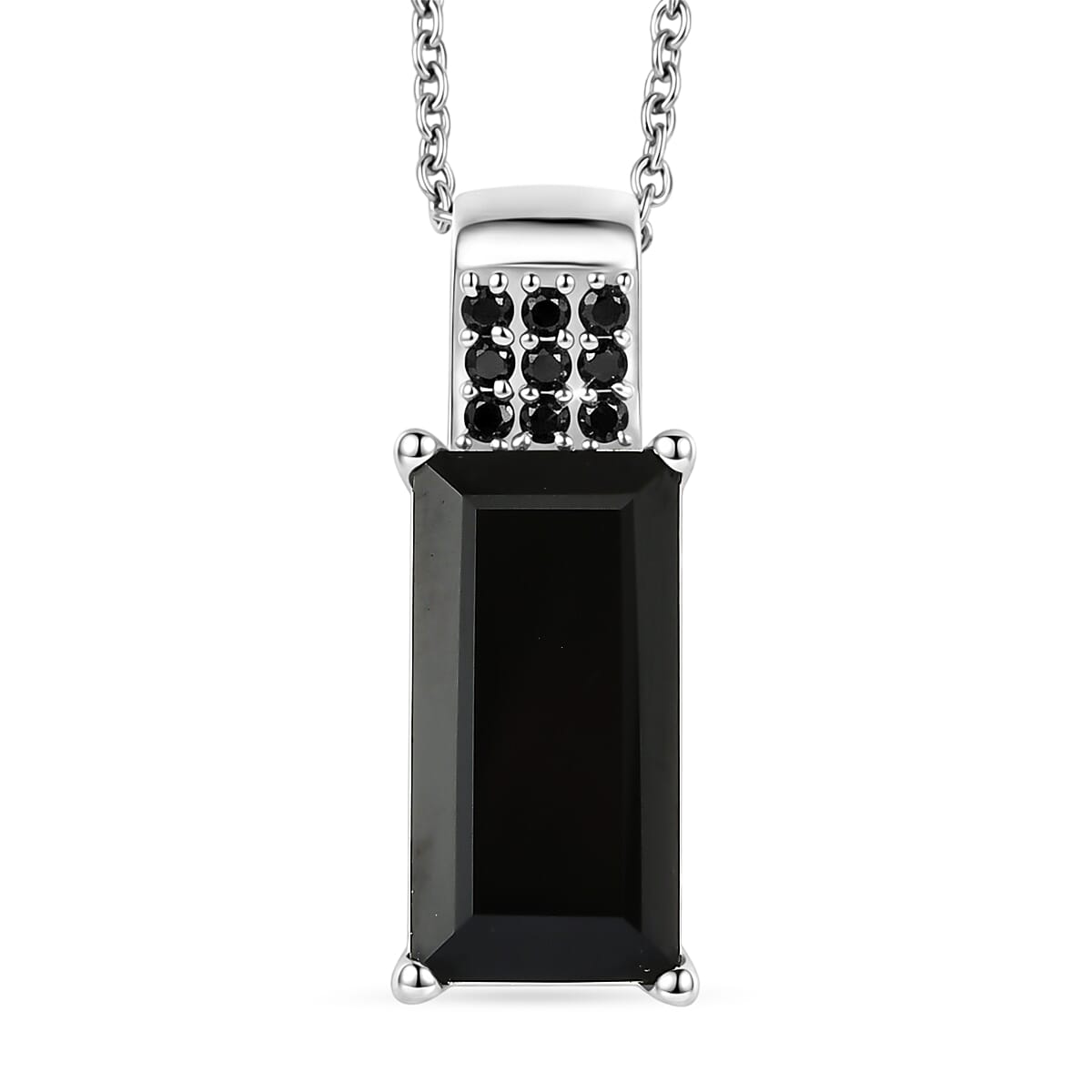 EverTrue Thai Black Spinel 10.00 ctw Midnight Crown Pillar Pendant in Platinum Bond with Stainless Steel Necklace 20 Inches