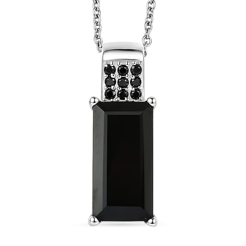 EverTrue Thai Black Spinel 10.00 ctw Midnight Crown Pillar Pendant in Platinum Bond with Stainless Steel Necklace 20 Inches