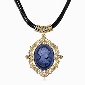 Blue Cameo, Austrian Crystal Necklace (20-22 Inches) and Earrings in Goldtone