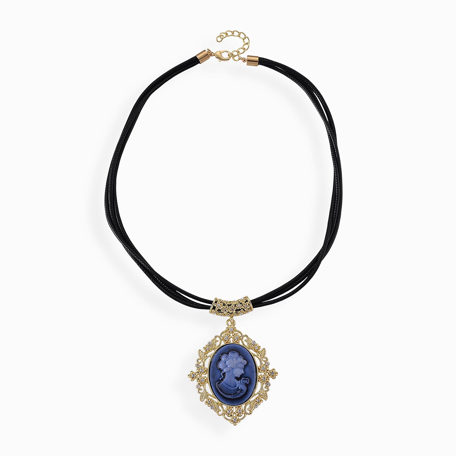Blue Cameo, Austrian Crystal Necklace (20-22 Inches) and Earrings in Goldtone