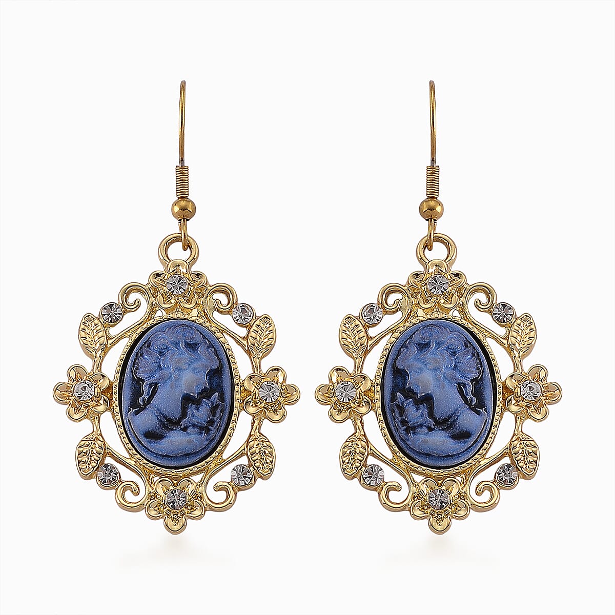 Blue Cameo, Austrian Crystal Necklace (20-22 Inches) and Earrings in Goldtone image number 6
