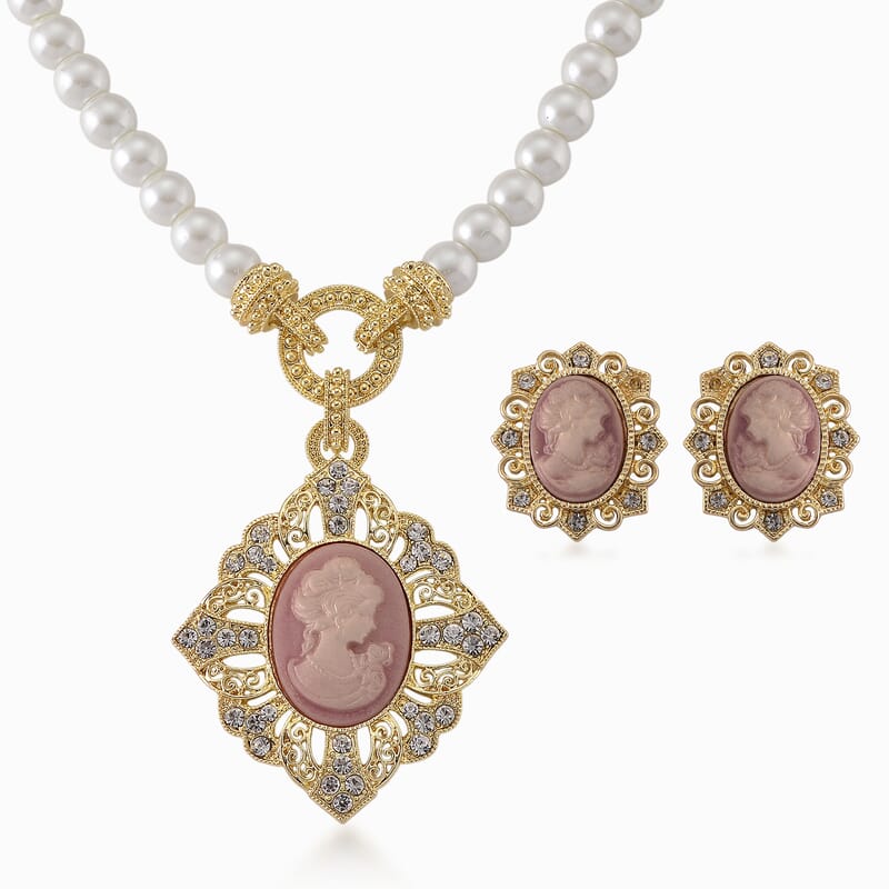 Pink Cameo, Simulated Pearl and Austrian Crystal Necklace (20-22 Inches) and Earrings in Goldtone