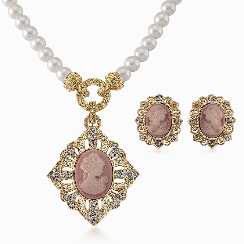 Pink Cameo, Simulated Pearl and Austrian Crystal Necklace (20-22 Inches) and Earrings in Goldtone