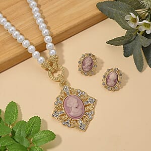 Cameo, Simulated Pearl and Austrian Crystal Necklace (20-22 Inches) and Earrings in Goldtone