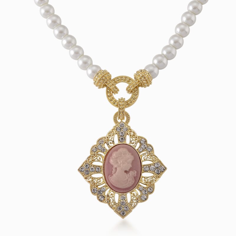Pink Cameo, Simulated Pearl and Austrian Crystal Necklace (20-22 Inches) and Earrings in Goldtone