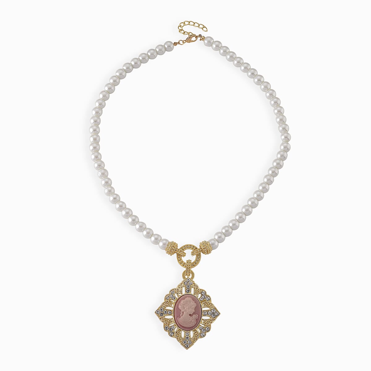 Cameo, Simulated Pearl and Austrian Crystal Necklace (20-22 Inches) and Earrings in Goldtone image number 4